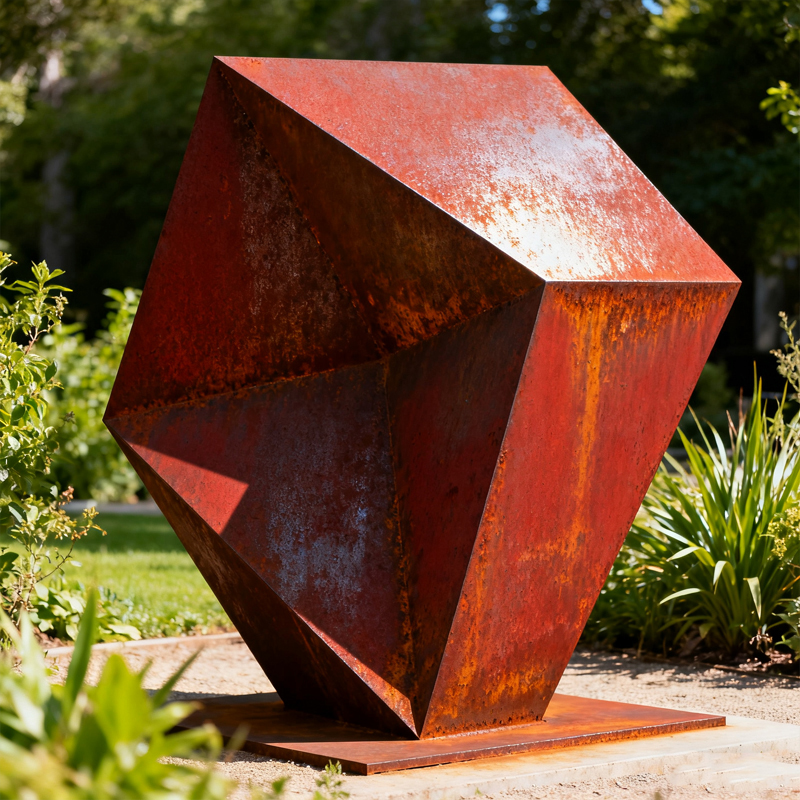 Multi-Faceted Polyhedral Geometric Weathering Steel Decorative Sculpture