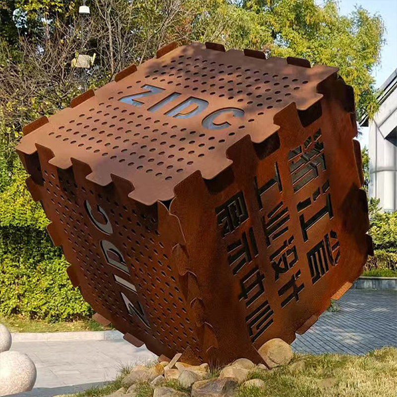 Hollow-Pattern Cubic Weathering Steel Decorative Sculpture