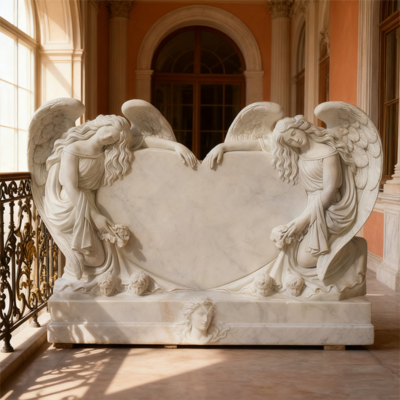 Double-Angel Heart-Shaped Marble Tombstone