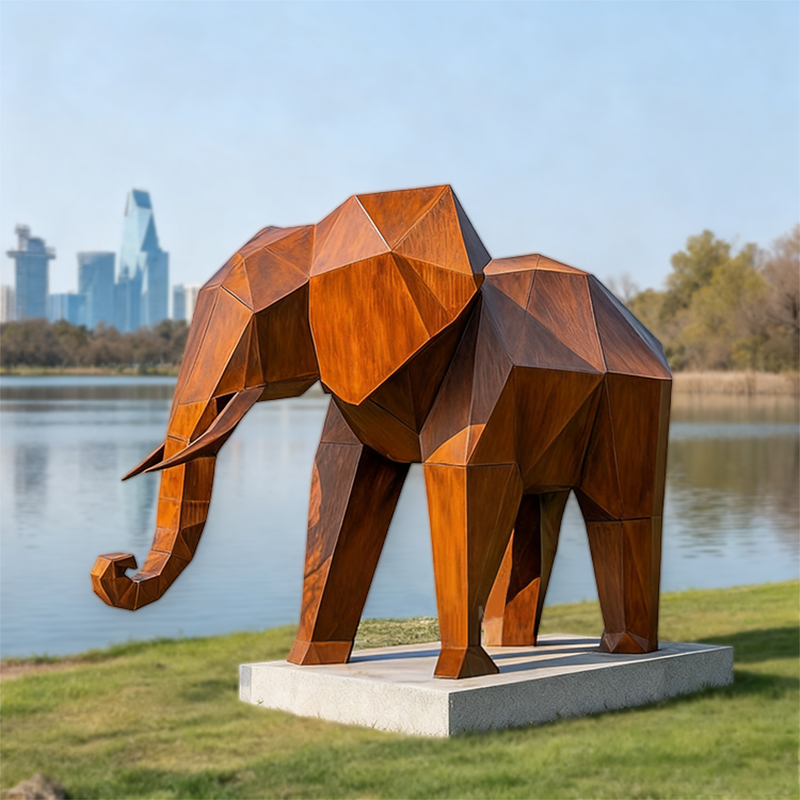 Weathering Steel Faceted Geometric Elephant Animal Sculpture