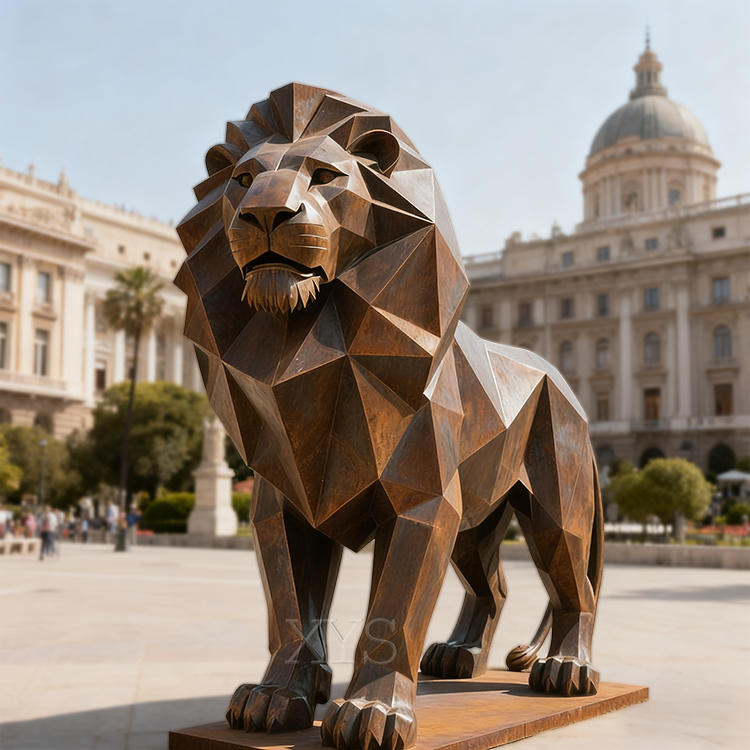 Weathering Steel Faceted Geometric Lion Animal Sculpture