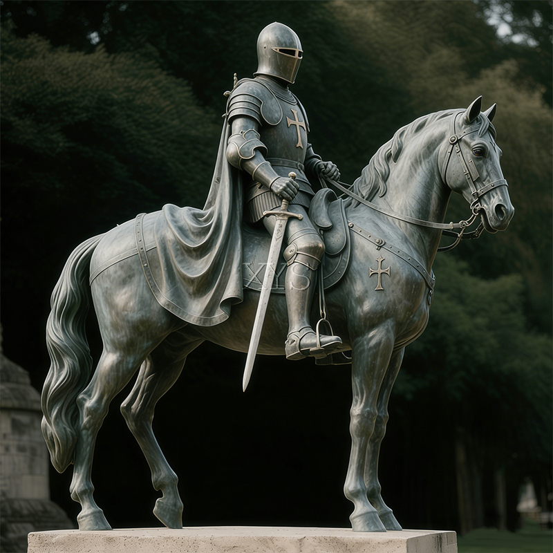 Bronze Knight on War Horse Sculpture