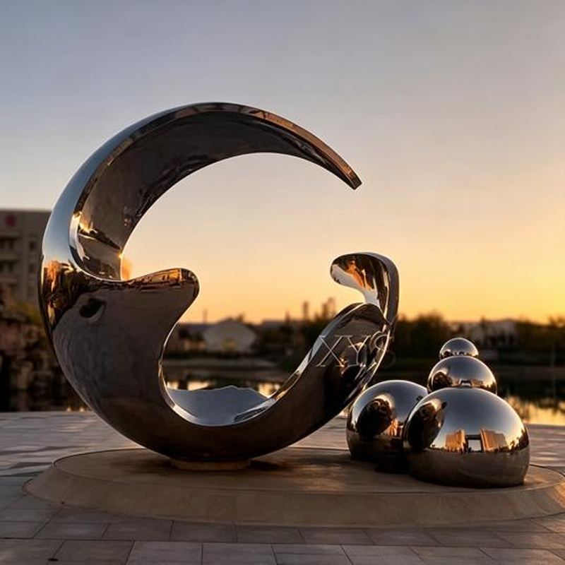 Wave and Crescent Stainless Steel Water-Feature Sculpture