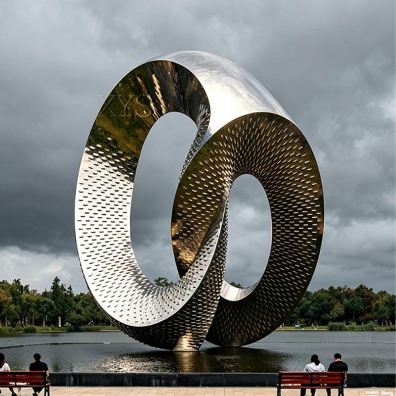 Dotted-Texture Double-Ring Mobius Stainless Steel Water-Feature Sculpture