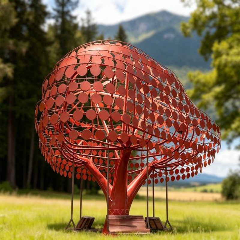 Red Disc Metal Tree Landscape Pergola Sculpture