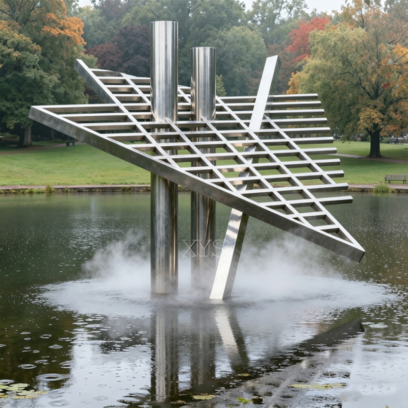 Geometric Grid Leaf Stainless Steel Water-Feature Sculpture