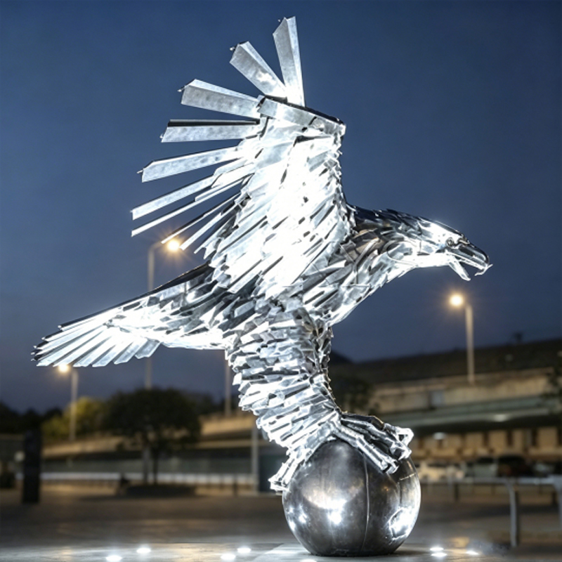 Faceted Geometric Eagle on Sphere Stainless Steel Sculpture