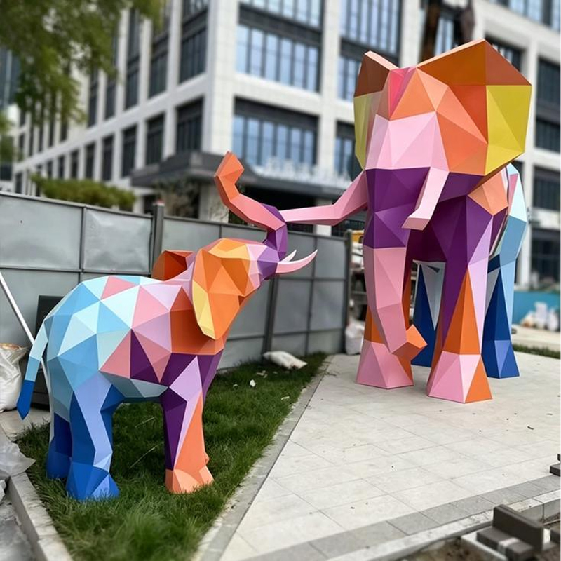 Faceted Geometric Mother-and-Calf Elephant Stainless Steel Sculpture