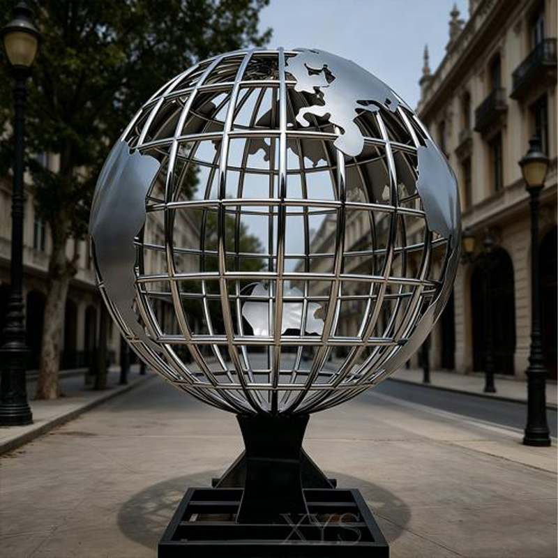 Grid-Mesh World Globe Stainless Steel Sculpture