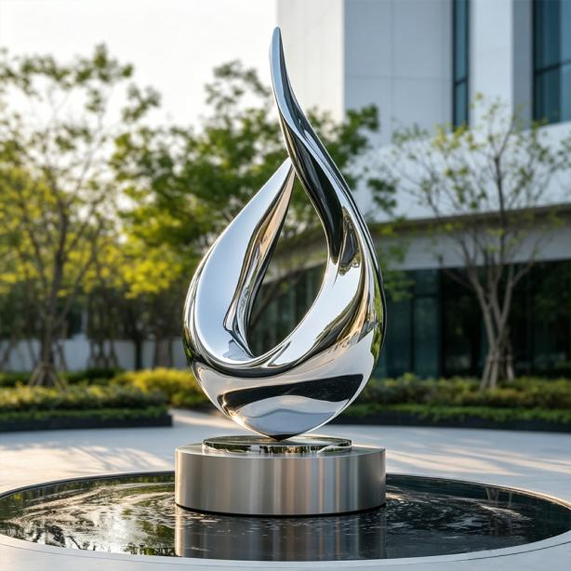 Mirror-Polished Water-Drop Flame Stainless Steel Sculpture