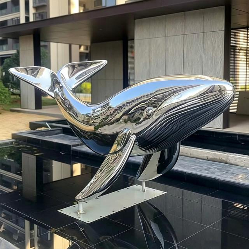 Mirror-Polished Stainless Steel Whale Sculpture