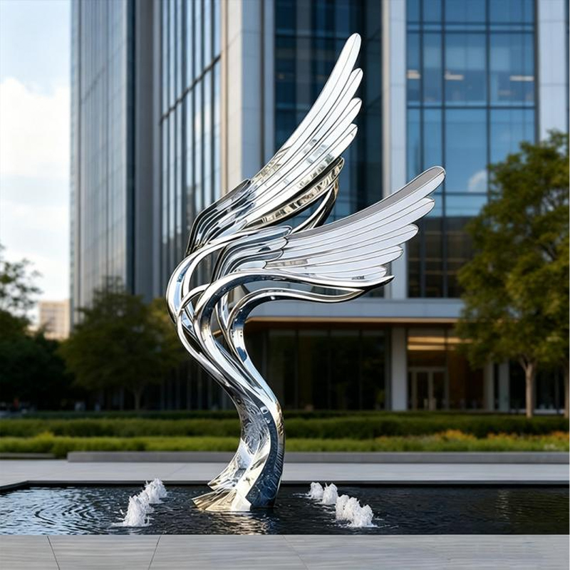Twin Angel Wings Stainless Steel Water-Feature Sculpture