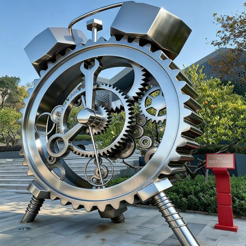 Industrial-Style Gear Clock Stainless Steel Sculpture