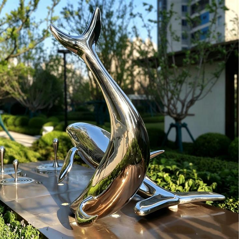 Mirror-Polished Twin Dolphin Stainless Steel Sculpture