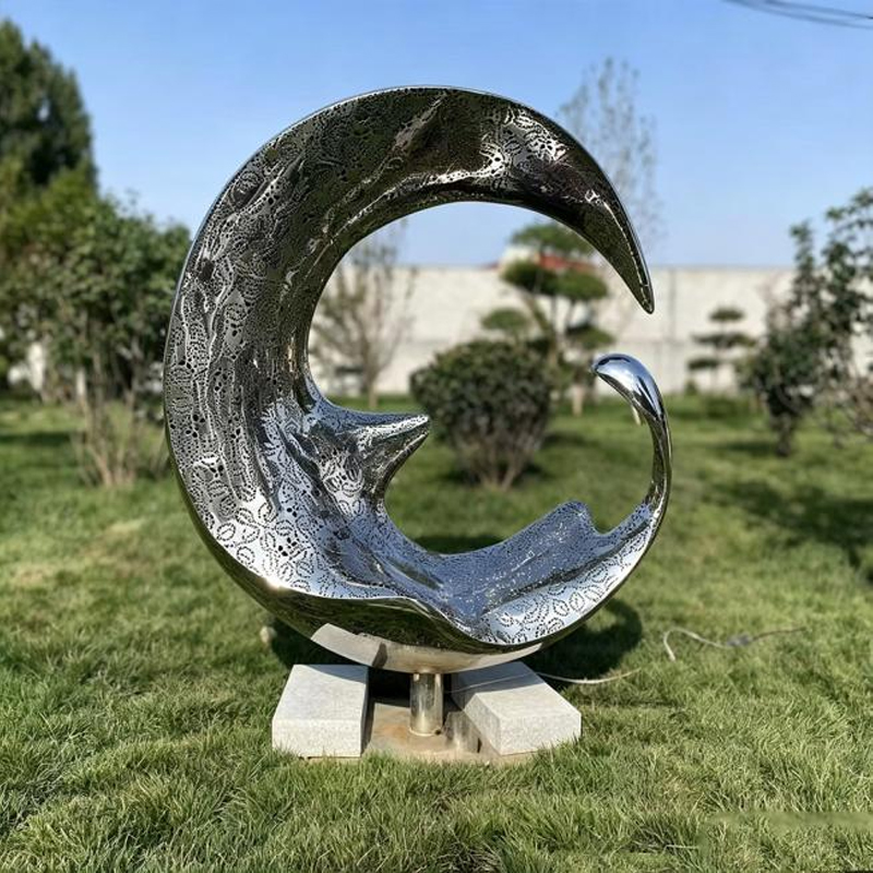 Mirror-Polished Hollow-Out Crescent Wave Stainless Steel Sculpture