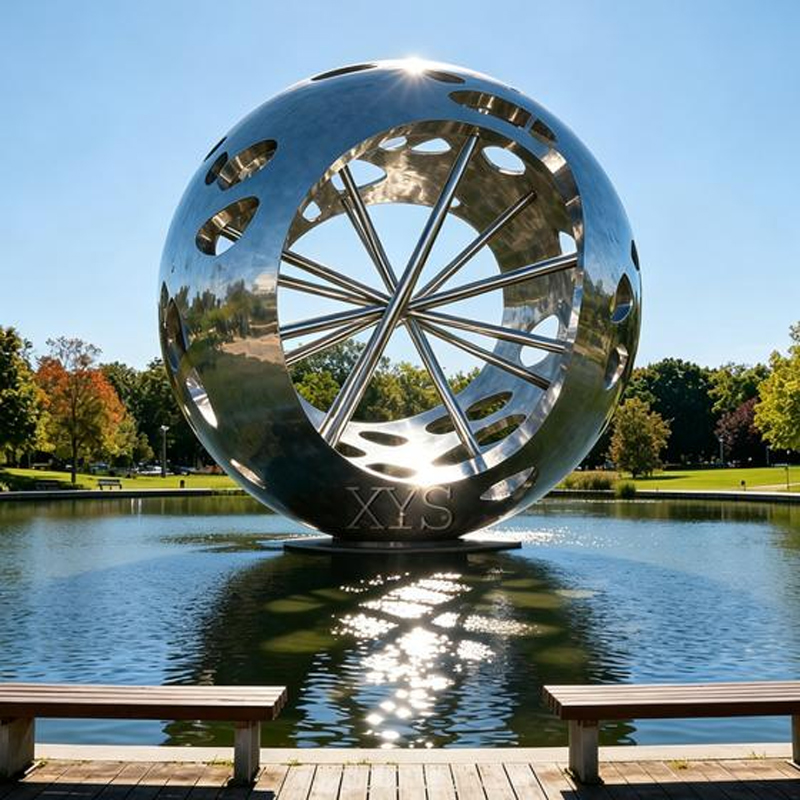 Hollow-Out Radiating Sphere Stainless Steel Water-Feature Sculpture