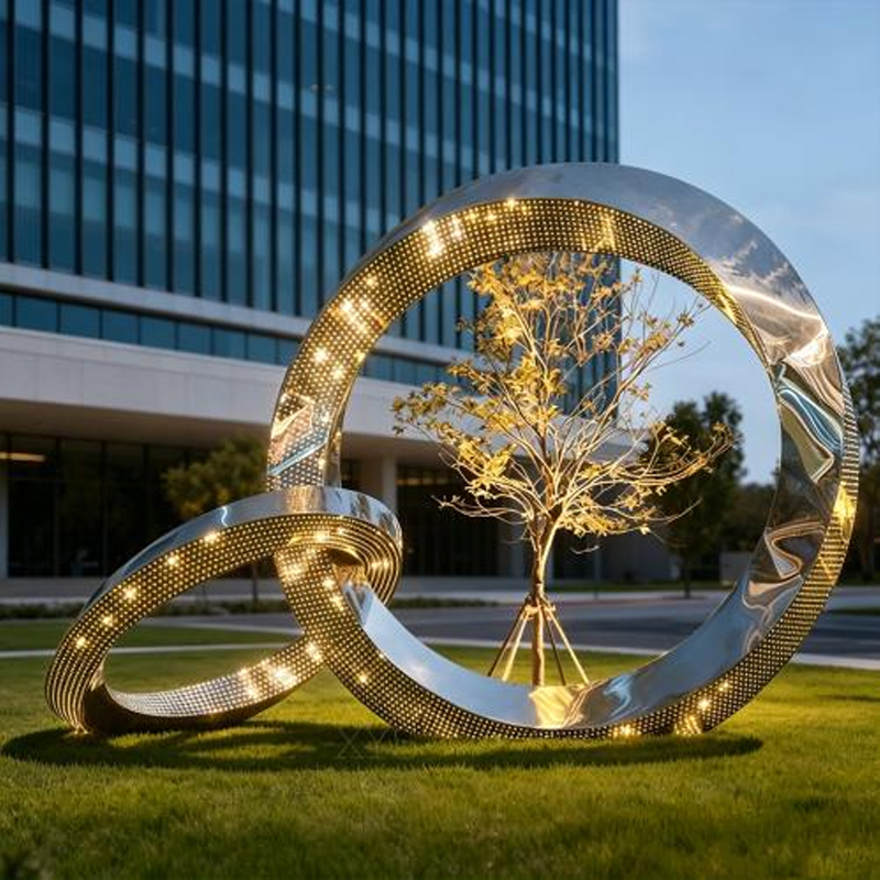 Interwoven Double-Ring Illuminated Mobius Stainless Steel Sculpture