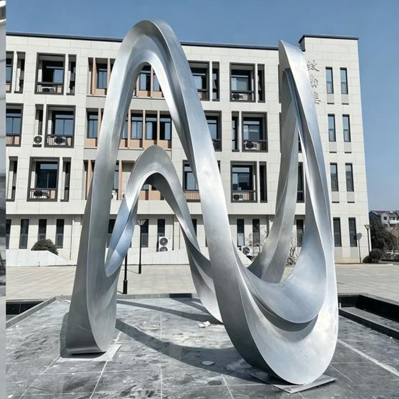 Interlocking Double-Ring Abstract Ribbon Stainless Steel Sculpture