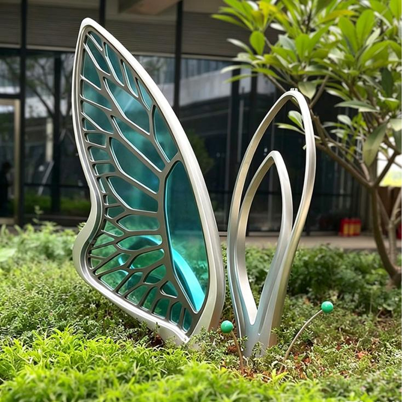 Hollow-Cut Colored-Glass Butterfly Stainless Steel Sculpture