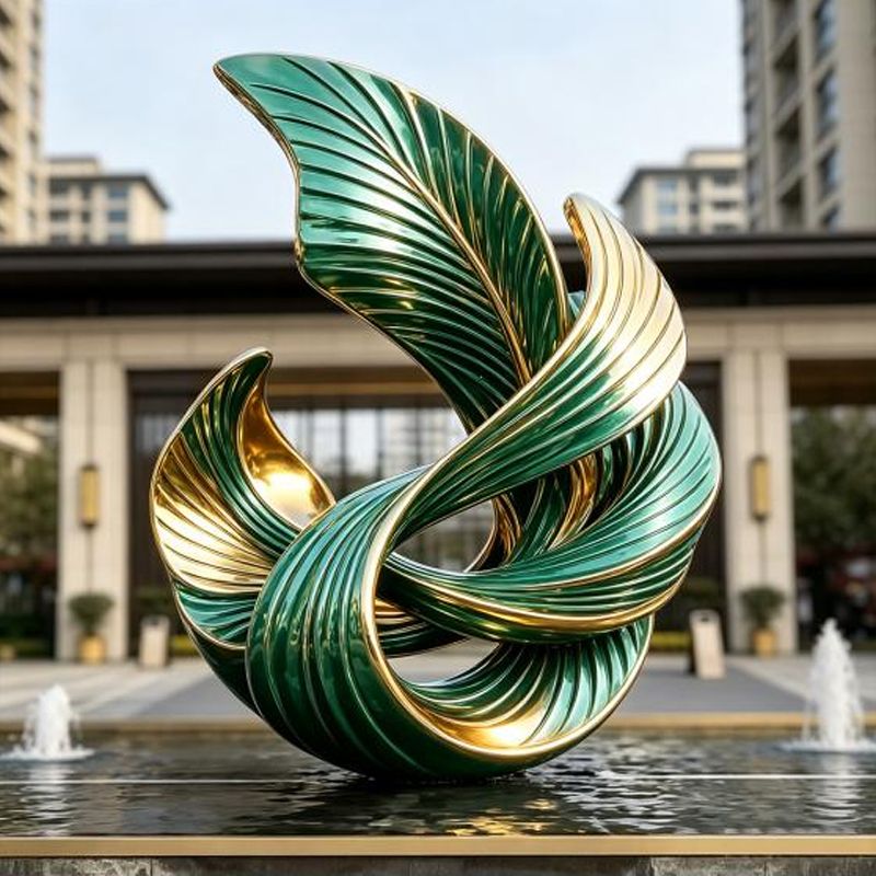 Green and Gold Interwoven Leaf Stainless Steel Sculpture
