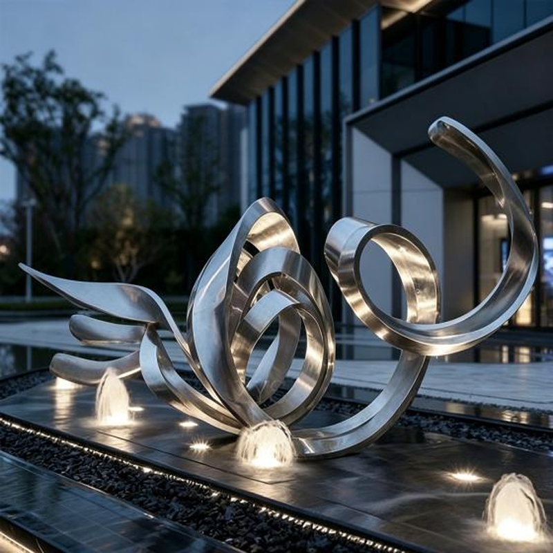 Streamlined Ring and Bird Stainless Steel Water-Feature Sculpture