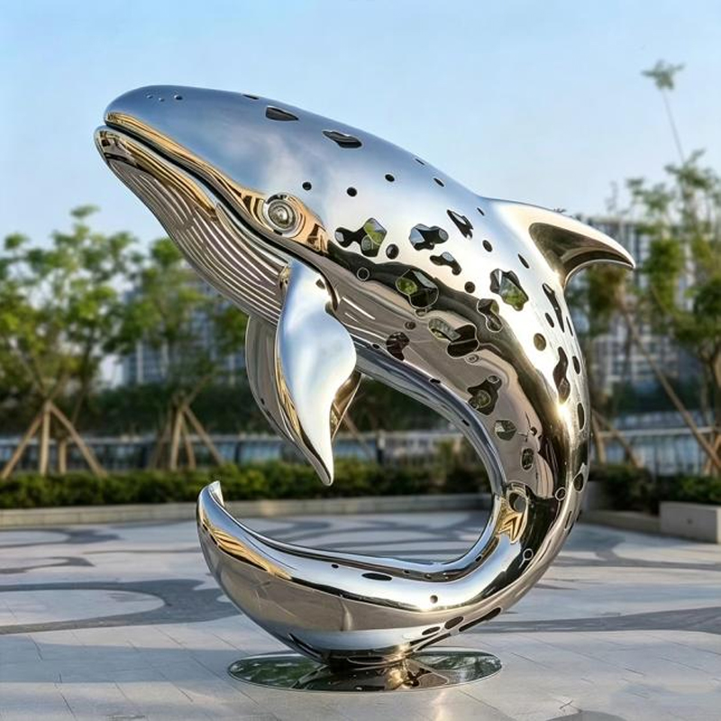 Hollow-Out Mirror-Polished Whale Stainless Steel Sculpture