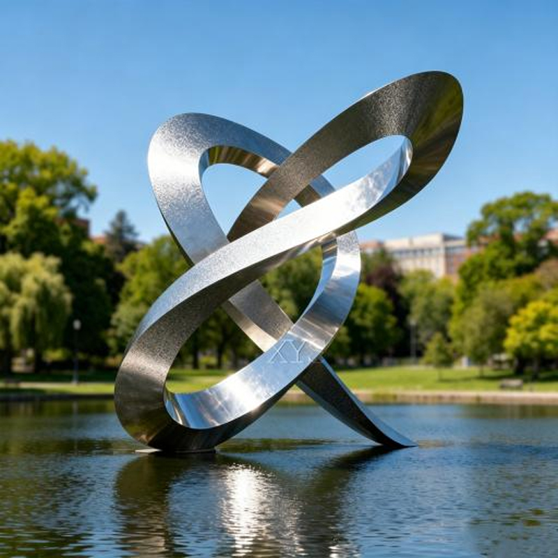 Interwoven Twist-Band Mobius Stainless Steel Water-Feature Sculpture