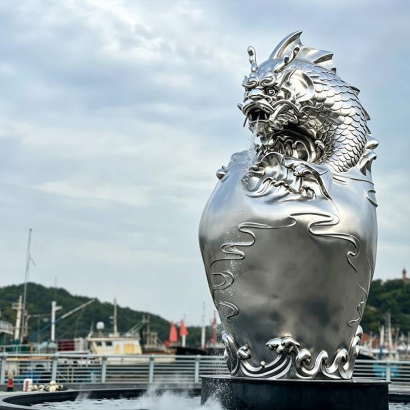Mythical Carp-Dragon Fountain Stainless Steel Sculpture