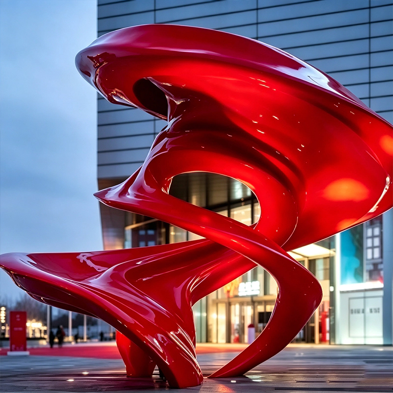 Red Twisted Ribbon Abstract Stainless Steel Sculpture